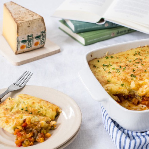 Parmentier de queso Comté con achicoria y pera