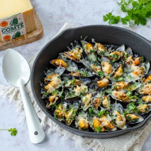 Mejillones gratinados con queso Comté