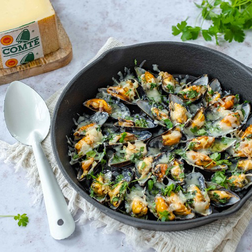 Mejillones gratinados con queso Comté